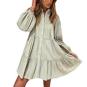 Long-sleeve, collared Green Ruffled Midi Dress